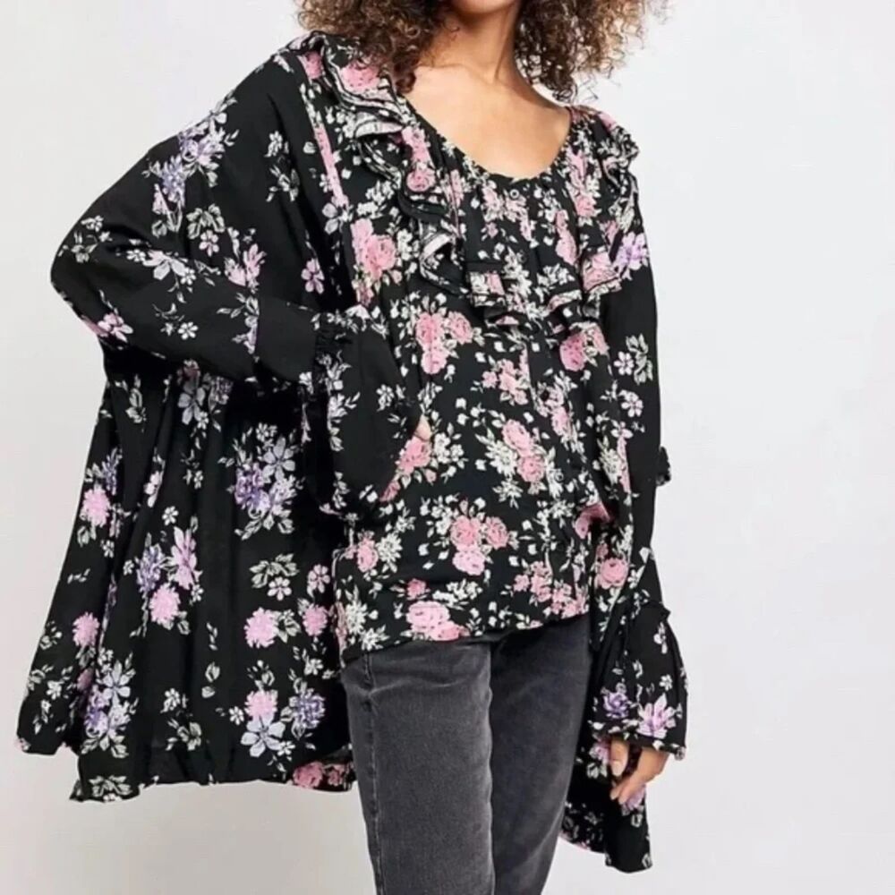 Free People Loretta Floral Print Tunic Blouse Oversized Long Sleeve Sz S